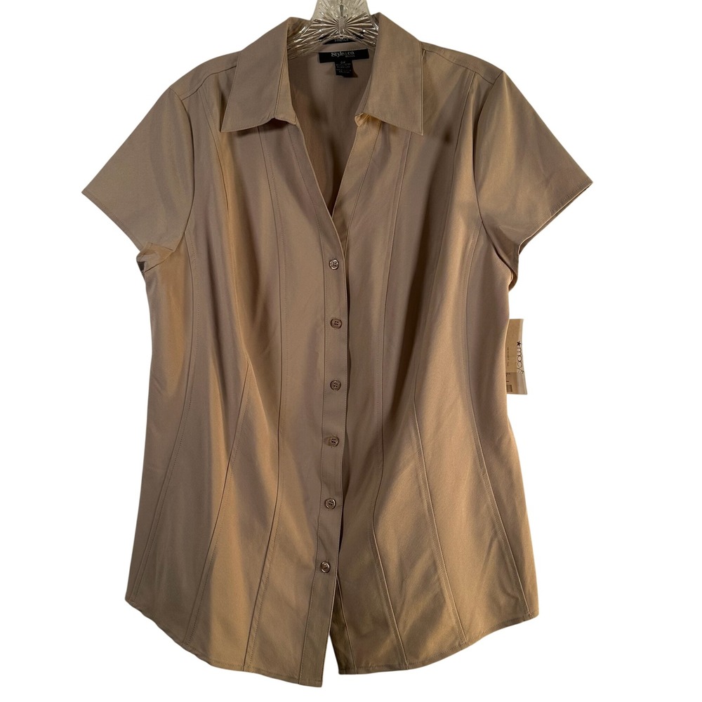Style & Co Woman Tan Brown Short Sleeve Button Down Stretch Shirt 0X NWT